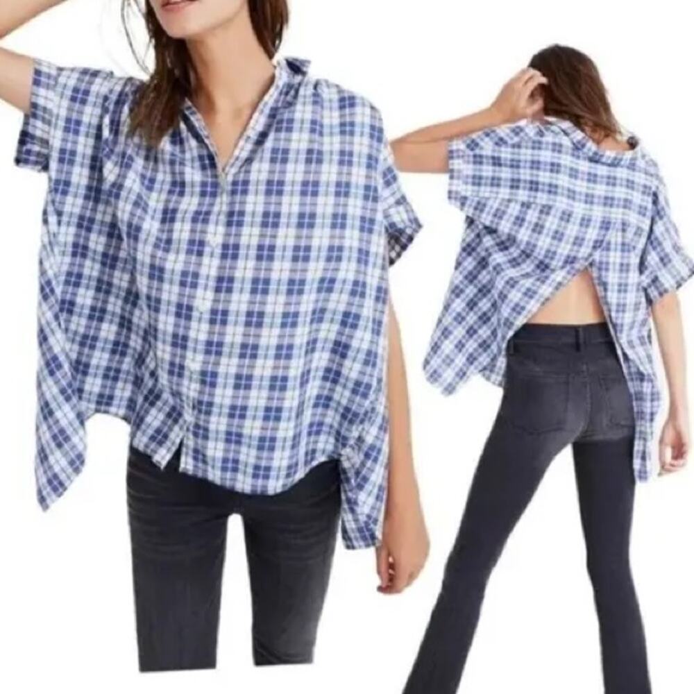 Madewell Central Open Back Blue White Linus Print Plaid Shirt Small S